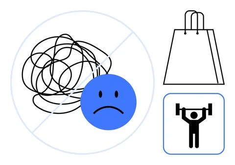 Tangled lines with sad face and prohibited sign, shopping bag, and person lif Ilustración de archivo