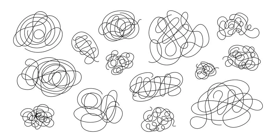Tangled lines set simple doodle outline hand drawn vector illustration, abstract Illustrazione stock