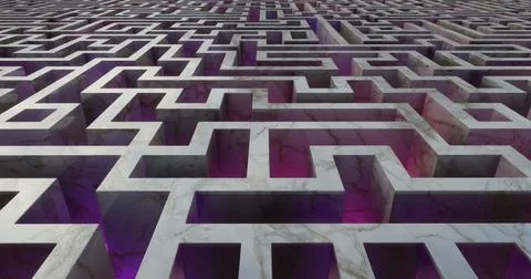 Tangled Maze Puzzle in perspective with glowing floor 3d illustration Illustrazione stock