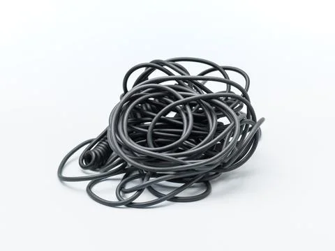 Tangled Mess of Black Cables Isolated on White Background Stock Photos