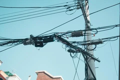 Tangled Power Lines on Utility Pole Stock Photos