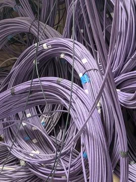 Tangled Purple Ethernet Cables, Network Infrastructure Chaos Stock Photos