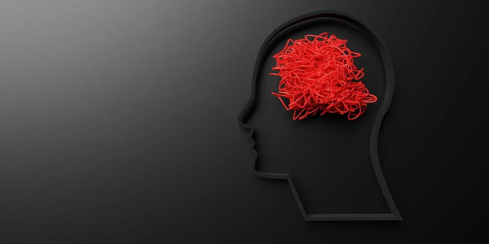 Tangled red wire knot or ball inside humanhead shape on black background, b.. Stock Illustration