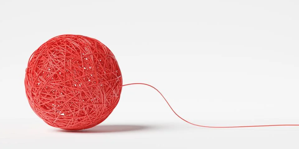 Tangled red wire sphere or ball with single string on white background, cha.. Stock Illustration