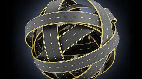 Tangled roads forming a sphere. 3D illustration Stock Illustration