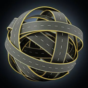 Tangled roads forming a sphere. 3D illustration Tangled roads forming a sp... Stock Photos