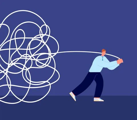 Tangled rope concept. Business problems metaphor. Businessman unraveling chaos 库存插图