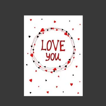 Tangled round scribble hand drawn with thin line and hearts. Round shape dood Stock Illustration