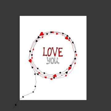 Tangled round scribble hand drawn with thin line and hearts. Round shape doodle Stock Illustration