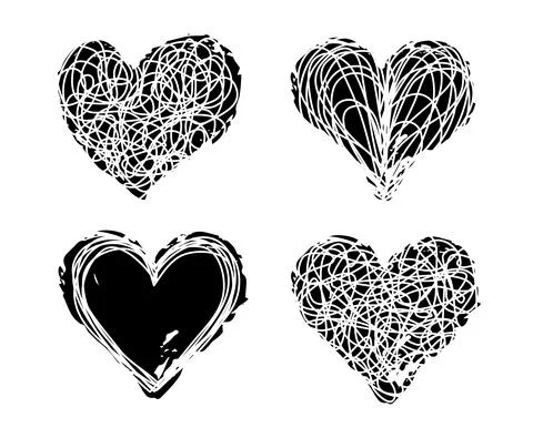 Tangled scribble and pink ink hearts set Stock Illustration
