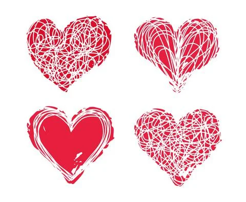 Tangled scribble and pink ink hearts set Stock Illustration