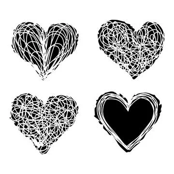 Tangled scribble and pink ink hearts set Stock Illustration