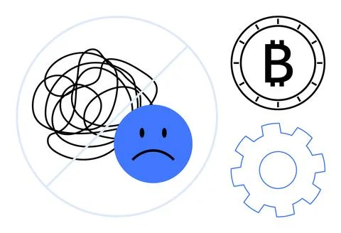 Tangled scribbles next to sad blue face, Bitcoin symbol, and gear shape sugge Stock Illustration