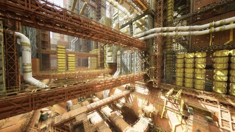 Tangled system of piping and structural platforms demonstrating durability Stock Footage 332166950