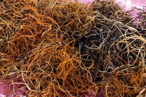 Tangled threads abstract texture pattern background. Big pile of natural weaving Foto stock