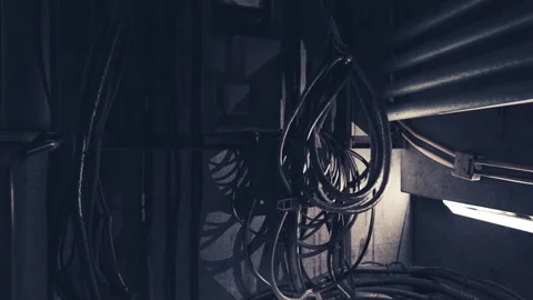 Tangled wires and cables in a dimly lit industrial environment Stock Footage 331422328