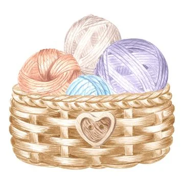 Tangles of colorful yarn and threads in wicker basket. Watercolor illustration Stock Illustration