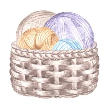Tangles of colorful yarn and threads in wicker basket. Watercolor illustration Stock Illustration