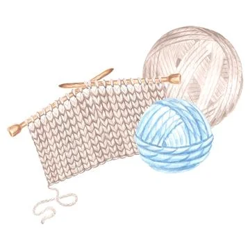 Tangles of thread and nitted fabric sample beige on a knitting needles Illustrazione stock