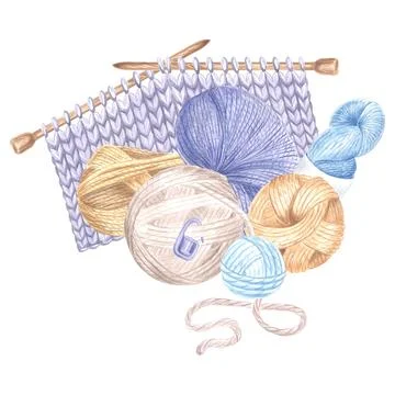 Tangles of thread, skeins yarn and nitted fabric sample on knitting needles Stock Illustration
