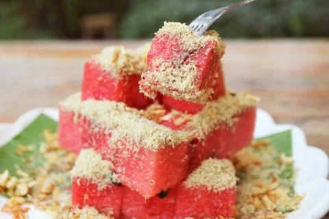 Tangmo Pla Haeng, Thai refreshment of watermelon with dried fish and shallots Stock Photos