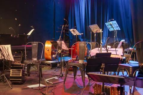 Tango orchestra instruments at small theater Stock Photos