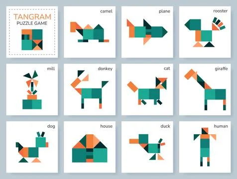 Tangram Mongolian puzzle game. Vector set with various objects. 스톡 일러스트