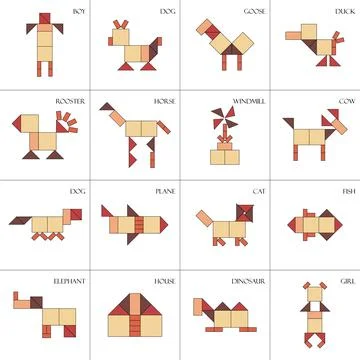 Tangram puzzle game Schemes with different objects Stock Illustration