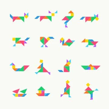 Tangram puzzle square set. Vector triangle geometric tangram template イラスト素材