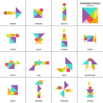 Tangram puzzle. Vector set with various objects. 스톡 일러스트