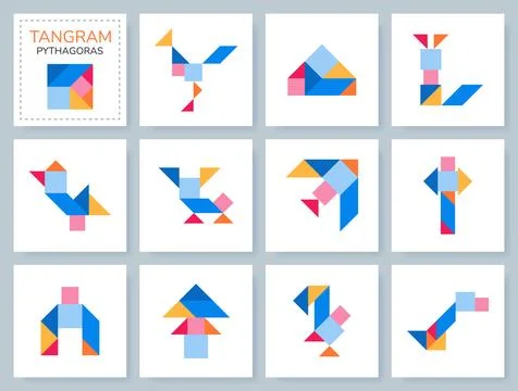 Tangram Pythagoras puzzle. Vector set with various objects. 스톡 일러스트