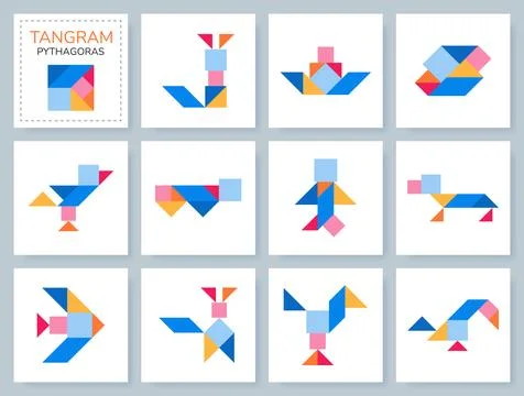 Tangram Pythagoras puzzle. Vector set with various objects. Stockillustratie