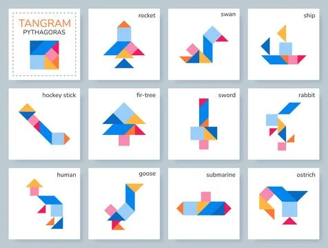 Tangram Pythagoras puzzle. Vector set with various objects. Stockillustratie
