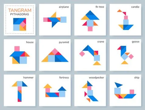 Tangram Pythagoras puzzle. Vector set with various objects. 스톡 일러스트