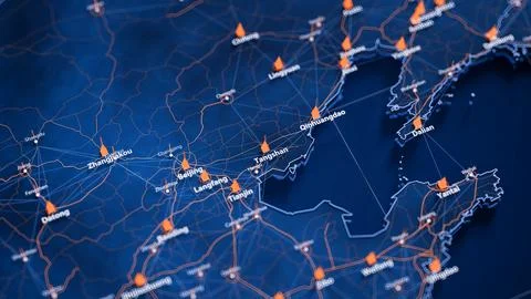 Tangshan map big data visualization. Futuristic map infographic of city in China Stock Illustration