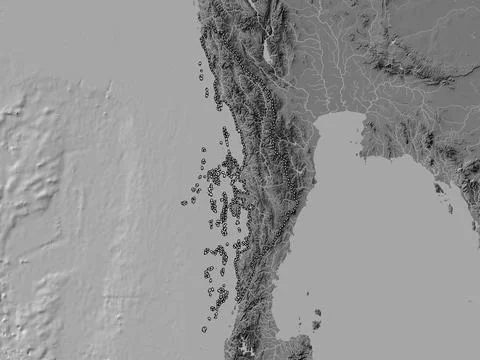 Tanintharyi, Myanmar. Bilevel elevation map with lakes and rivers イラスト素材