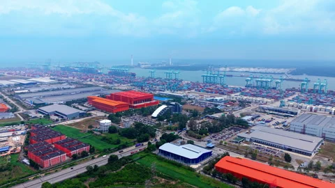 Tanjung Pelepas Road Access Main Entrance Aerial - Malaysia Logistics 4K Stockbeeldmateriaal 344681235