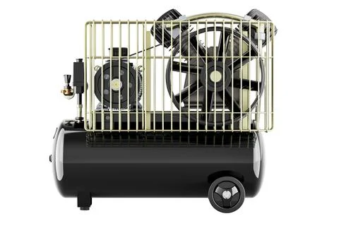 Tank air compressor, side view. 3D rendering Illustrazione stock