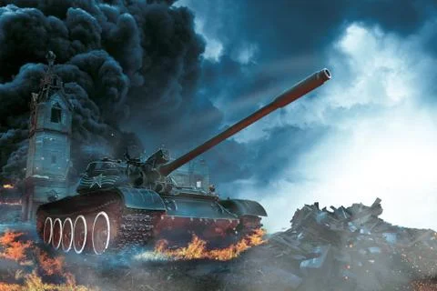Tank in the conflict zone Stock Illustration