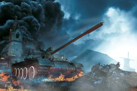 Tank in the conflict zone Stock Illustration