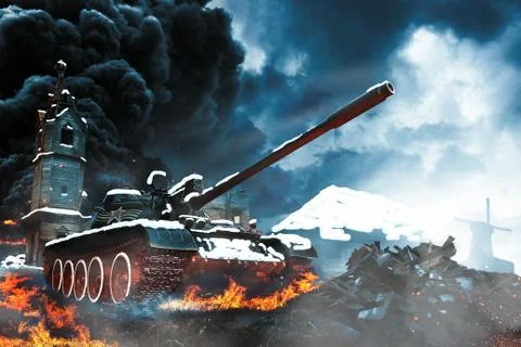 Tank in the conflict zone Stock Illustration