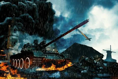 Tank in the conflict zone Stock Illustration