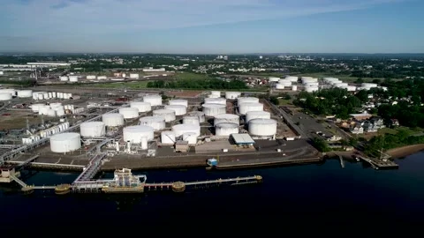 Tank Fields and homes along the Arthur Kill Stock Footage 133578059