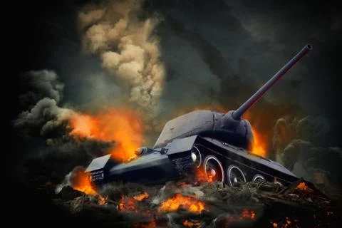 Tank on the hill burning fire Stock Photos