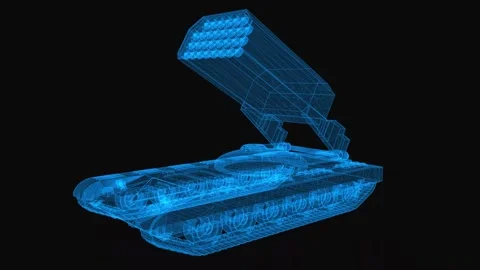 Tank rocket launcher wireframe scheme. 3d render with blue grid lines. Loop Stock Footage 140564565
