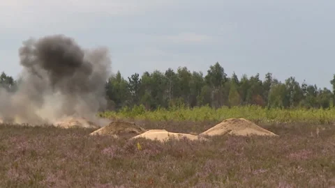 A tank shell or rocket from a grenade launcher hits a target on the range Stock Footage 140039586