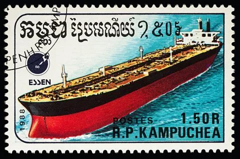 Tanker on postage stamp Foto stock