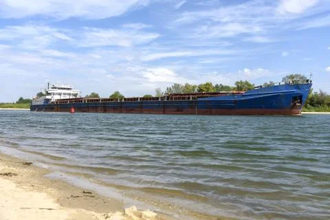 Tanker ship on Don river. Freight oil boat near Rostov-on-Don, Russia. Stock Photos