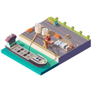 Tanker ship loading in port isometric Stock Illustration