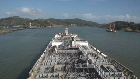 Tanker Ship proceeding through the Panama Canal. Stock Footage 91074021